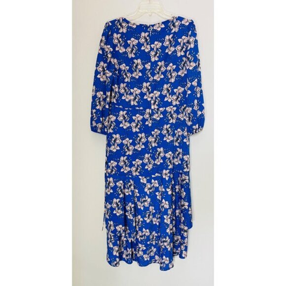 Eliza J Blue & White Floral Print Dress V-Neck 3/4 Sleeve Fit & Flare Size 12 - Picture 4 of 7